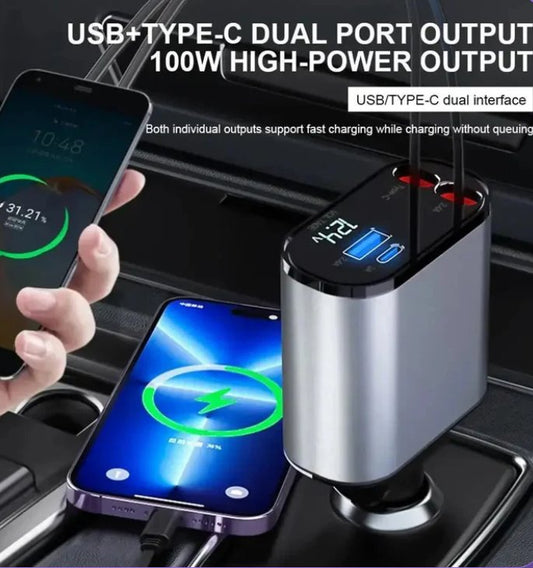 Stay Powered Up on Every Drive: The 4-in-1 Retractable Car Charger for Hassle-Free Charging" - Bigem's Otaku Boutique